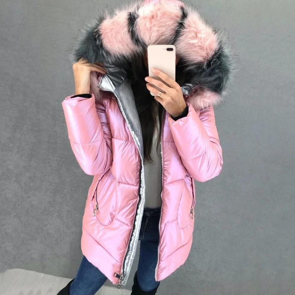 pink winter jacket with fur hood