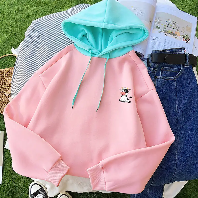 pink Женские толстовки Kawaii с рисунком молочного крупного рогатого скота Повседневная флисовая уличная стеганая толстовка с длинными рукавами Harajuku - Цвет: pink