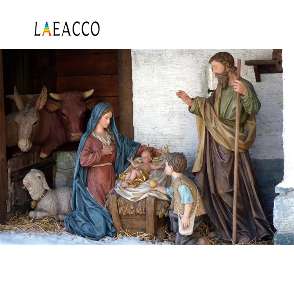 

Laeacco Photography Backdrop Nativity Scene Jesus Birth Christian Barn Sheep Party Poster Pattern Photo Backgrounds Photo Studio