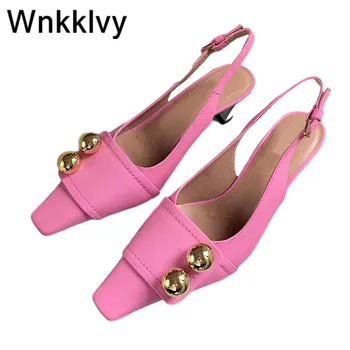 

Summer high heels shoes for women metal button decor square toe slingback sandals ladies one strap dress party pumps stilettos