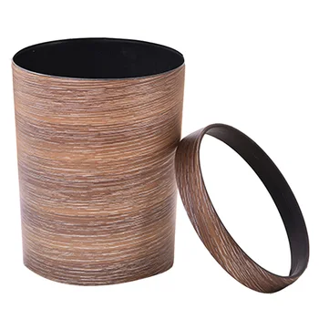 

Plastic Trash Bin Retro Wood Grain Trash Bin No Lid Trash Can Kitchen Pressure Circle Trash Can for Home Room Toilet