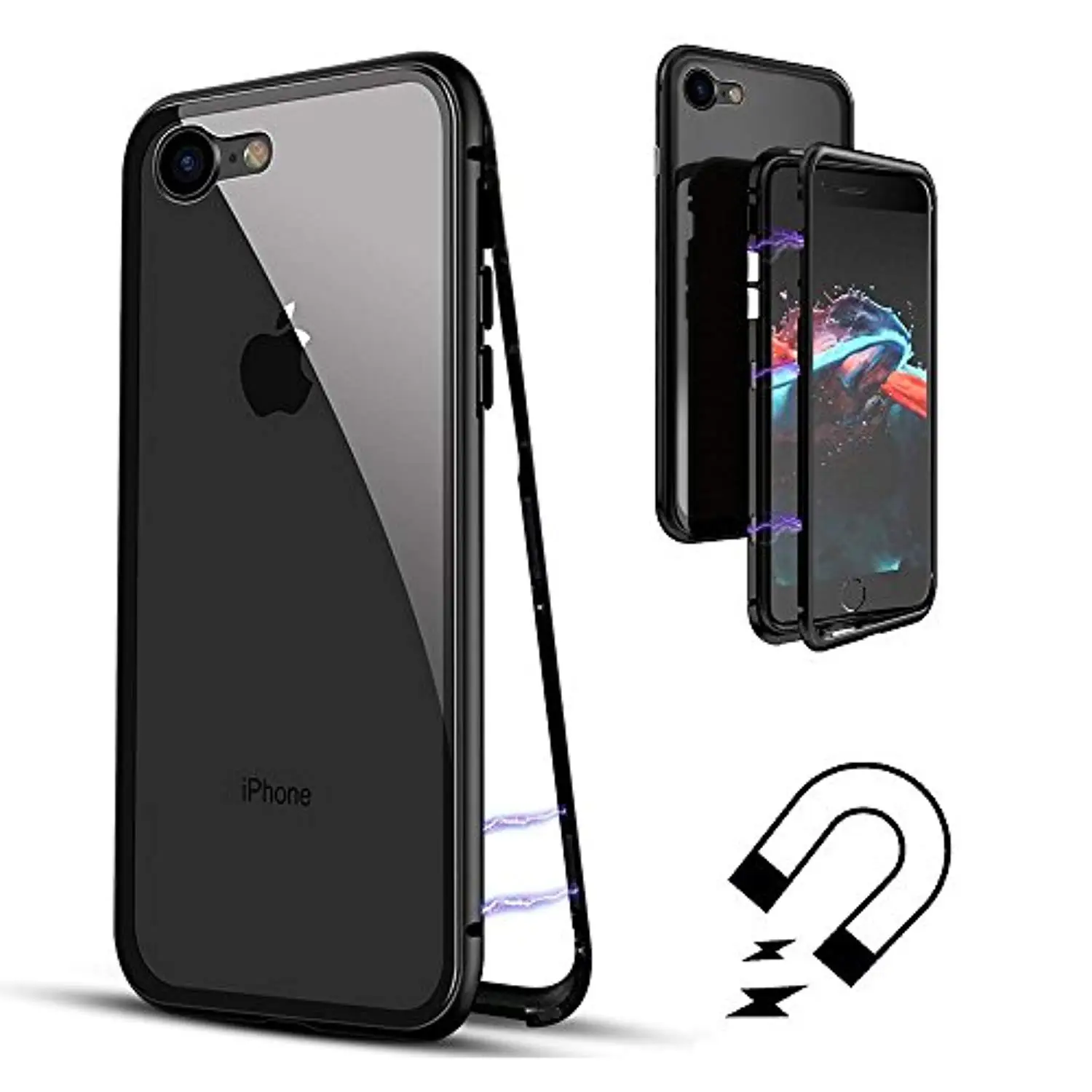 Адсорбция Магнитный металлический алюминиевый стеклянный чехол для iphone XR XS MAX 6 6s 7 8 Plus защитное стекло [без переднего закаленного стекла] чехол для телефона - Цвет: CLEAR BLACK