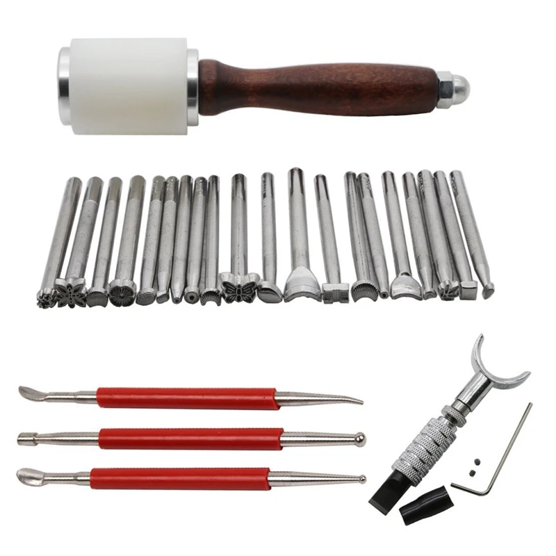 

20Pcs Leather Carving Working Saddle Making Tools Set DIY Hammer Swivel Knife Leather Craft Modelling Pen