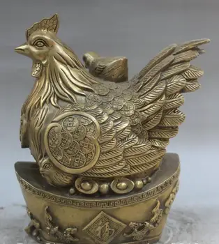 

zhmui8800626419+<<+8" Chinese Folk Feng Shui Brass Yuan Bao Zodiac Year Rooster Cock Wealth Statue