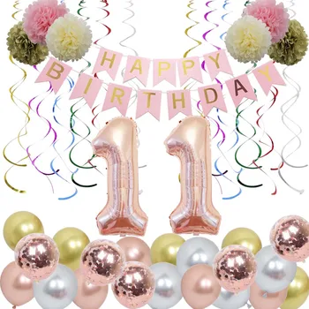 

Happy 11th Birthday Rose Gold Aluminum Film Latex Balloon Happy Birthday Banner Spirals Flower Party Party Decoration