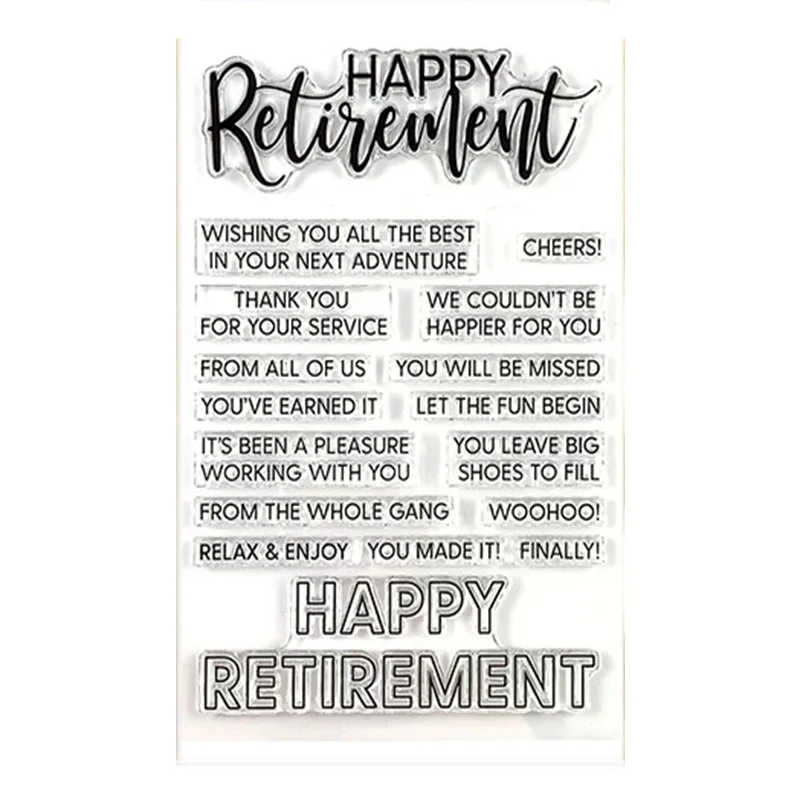 Вырубка с надписью "Happy Retirement"+ прозрачные штампы с надписью "Happy Retirement", металлические вырубки с надписью "Happy Retirement"+ прозрачный штамп для изготовления открыток, новинка