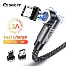 Essager – câble Micro USB/Type C 3A magnétique rotatif à 540 °, charge rapide, pour téléphone iPhone, Xiaomi