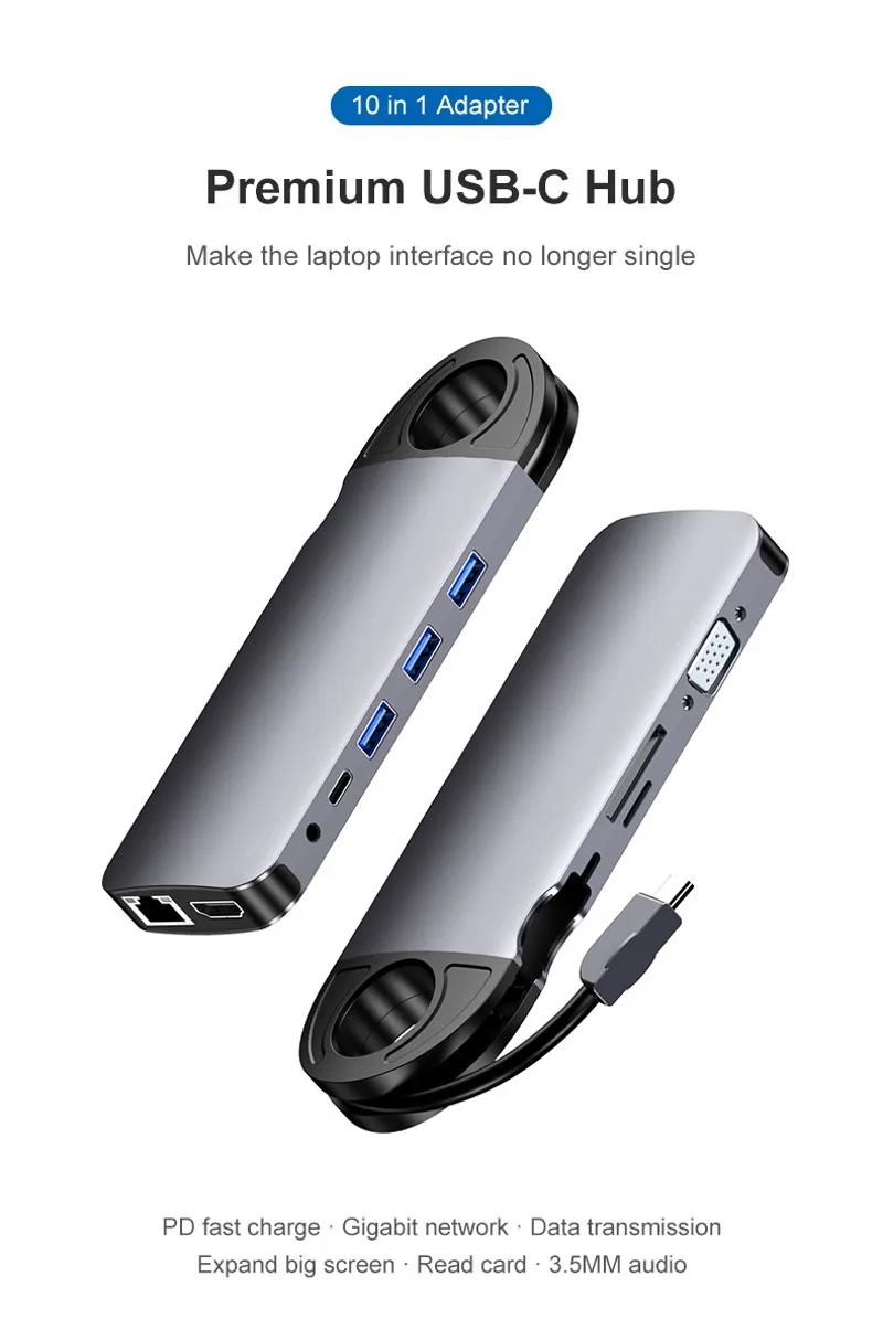 

Сетевая док-станция 10 в 1, USB C концентратор на 4K HDMI USB 3,5 TF VGA адаптер, сетевая док-станция RJ45 для MacBook Pro/Air USB-C мм, аудио Тип C