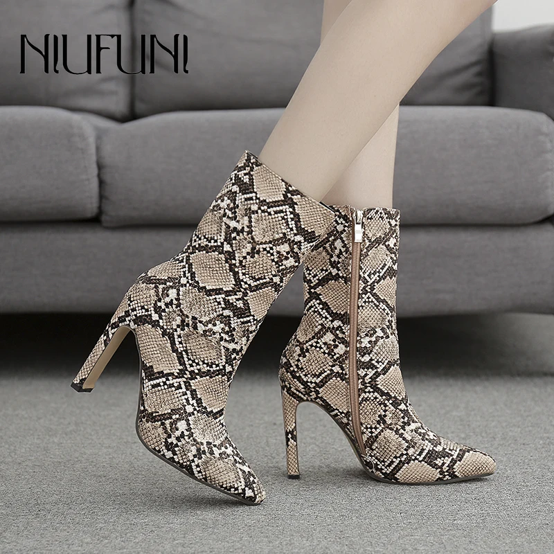 

Sexy Pointed Toe Snake Print Women's Ankle Boots Shallow High Heels Zipper Autumn Plus Size 35-42 Women's Shoes Bottes Femme