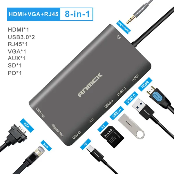 Anmck USB-C концентратор type C концентратор USB 3,0 HDMI RJ45 адаптер док-станция для MacBook Pro Аксессуары type-C 3,1 разветвитель 3 порта USB C концентратор - Цвет: 8 in 1