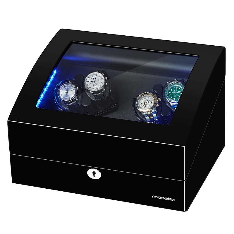 

JQUEEN 4 Automatic Black Baking Finish Watch Winder with LED Light 6 Storage Case 10 Modes For Mechanical Watch