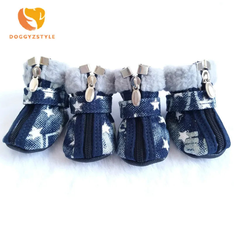 

Pet Dog Shoes Winter Super Warm 4pcs/set Dog Boots Denim Anti Slip Shoes for Small Dog Poodle Teddy Chihuahua Star Pattern