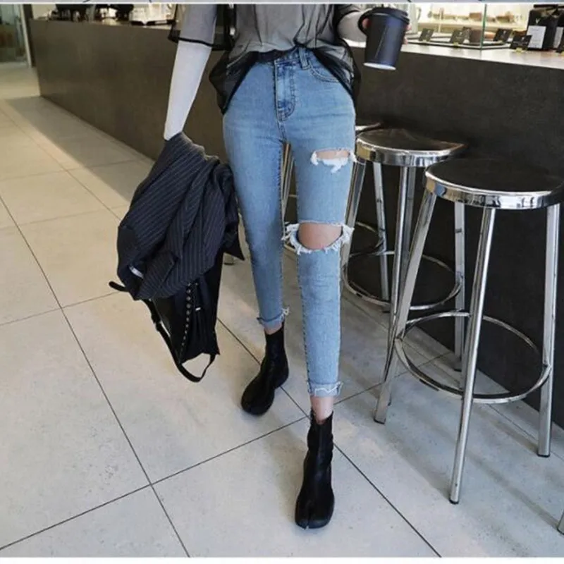Light blue Женские повседневные джинсы с высокой талией, с 9 точками,, Корейская версия осени, сексуальные джинсы с дырками - Цвет: Light blue