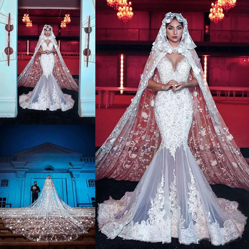 

Luxury Muslim Mermaid Wedding Dresses With Cape V Neck Lace Beads Crystal Bridal Gowns Saudi Arabic Dubai Plus Vestido De Novia