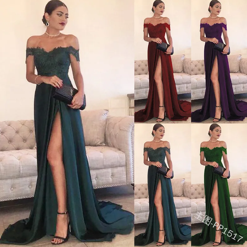 

2019 Autumn New Style Europe And America-off-Shoulder Lace Slit Formal One-piece Dress Mopping Long Skirts