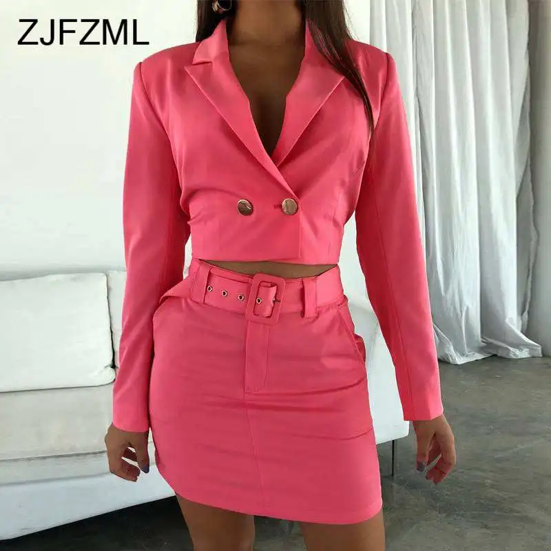 

Two Piece Set Top and Skirt Full Sleeve Notched Double Button Long Blazer Top Solid Zipper Slim Sashes Mini Skirt Autumn Set