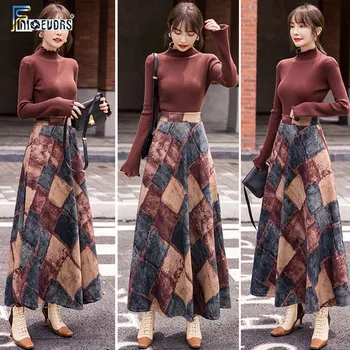 

High Waist Skirts Hot Women Fall Winter Pocket Elastic Waist Elegant Office Lady Long Skirt Gray Red Plaid Warm Skirts Long S018