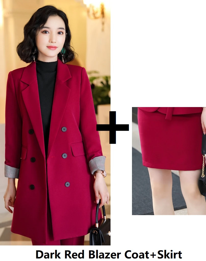 Модные стили осень-зима формальных равномерной конструкции Для женщин Бизнес костюмы Профессиональный брючные костюмы женские офисные Повседневная обувь пиджаки для женщин - Цвет: Dark Red Skirt Suits