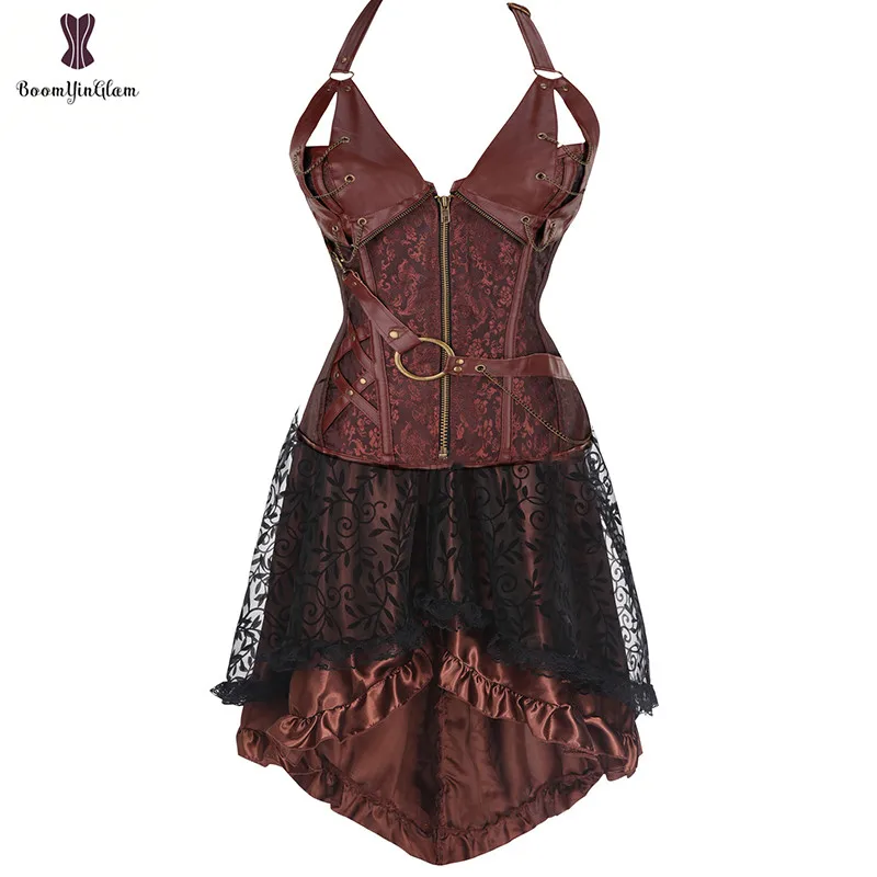 908 brown with skirt Размера плюс в викторианском стиле асимметричное атласная с рюшами с кружевной отделкой Готический юбки Для женщин корсет Винтаж юбка в стиле стимпанк 937 - Цвет: 908 brown with skirt