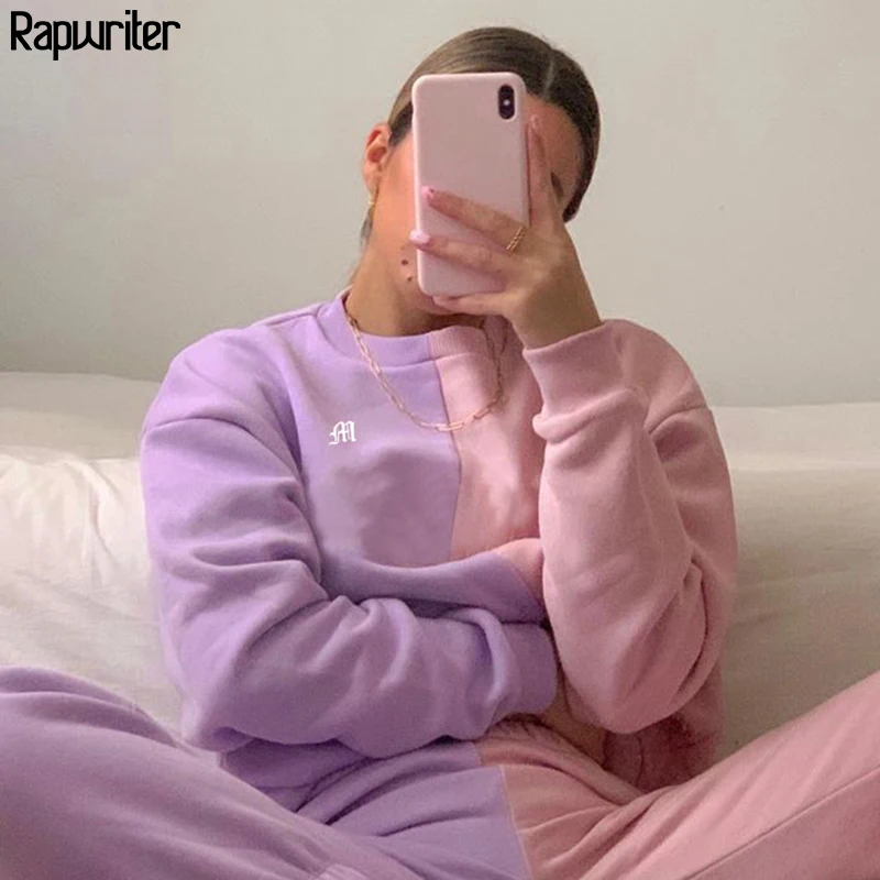 

Patchwork Letter Embroidery Oversize Pink Sweatshirt Women 2020 Autumn Crew Neck Long Sleeved Purple Sudaderas Pullover Tops