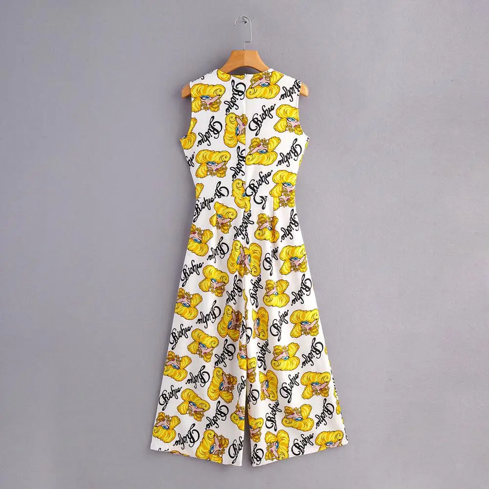 New women fashion o neck sleeveless cartoon pattern print siamese lady bow tied sashes wide leg conjoined pants jumpsuits LS6290
