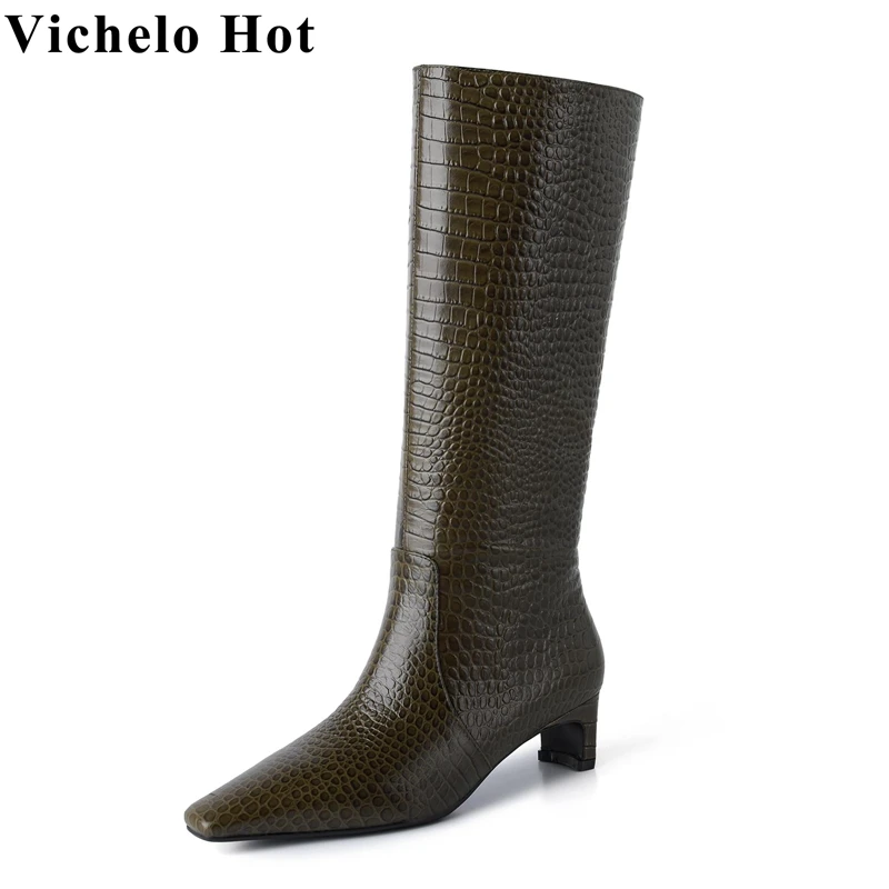 

Vichelo Hot 2022 microfiber riding boots catwalk winter square toe slip on med heels stone patterns fashion thigh high boots l79