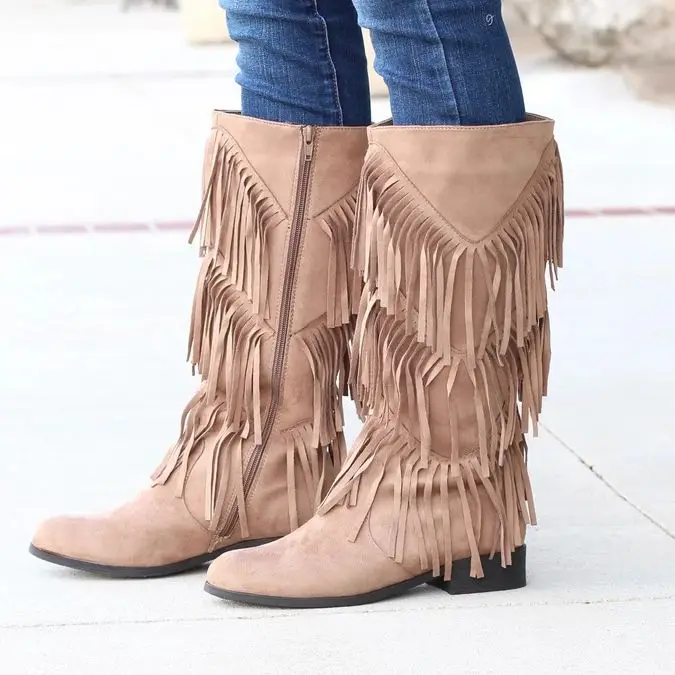 Litthing Boho/модные женские сапоги из флока; высокие сапоги с бахромой на Плоском Каблуке; женские сапоги до колена с бахромой; Размеры 35-43