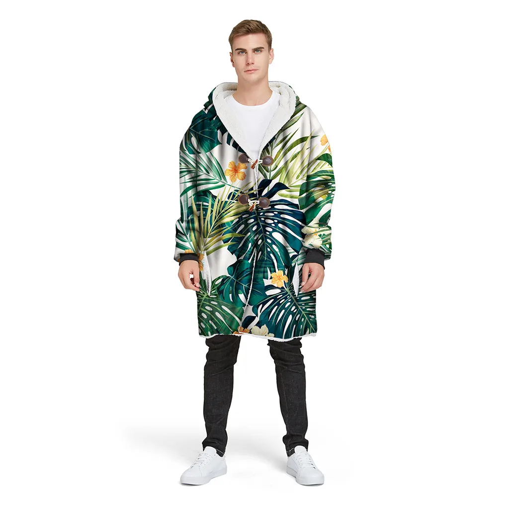 Green KLV Jackets Mens Winter Long Hooded Horn Buckle Plus Velvet Thick 3D Printed Coat hot sale bomber jacket chaqueta hombre 70 - Цвет: Green