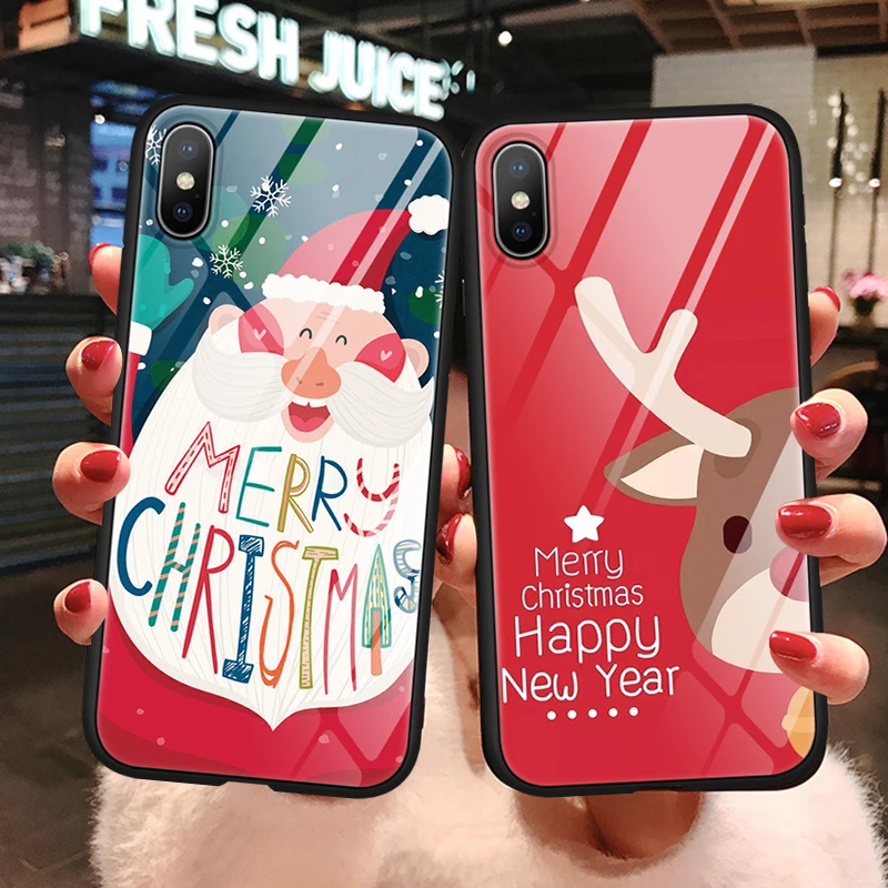 

Luxury Tempered Glass Case For iphone XR X 11 Pro XS Max 6 6S 7 8 Plus Merry Christmas Case For iphone 8Plus 7Plus Coque Funda