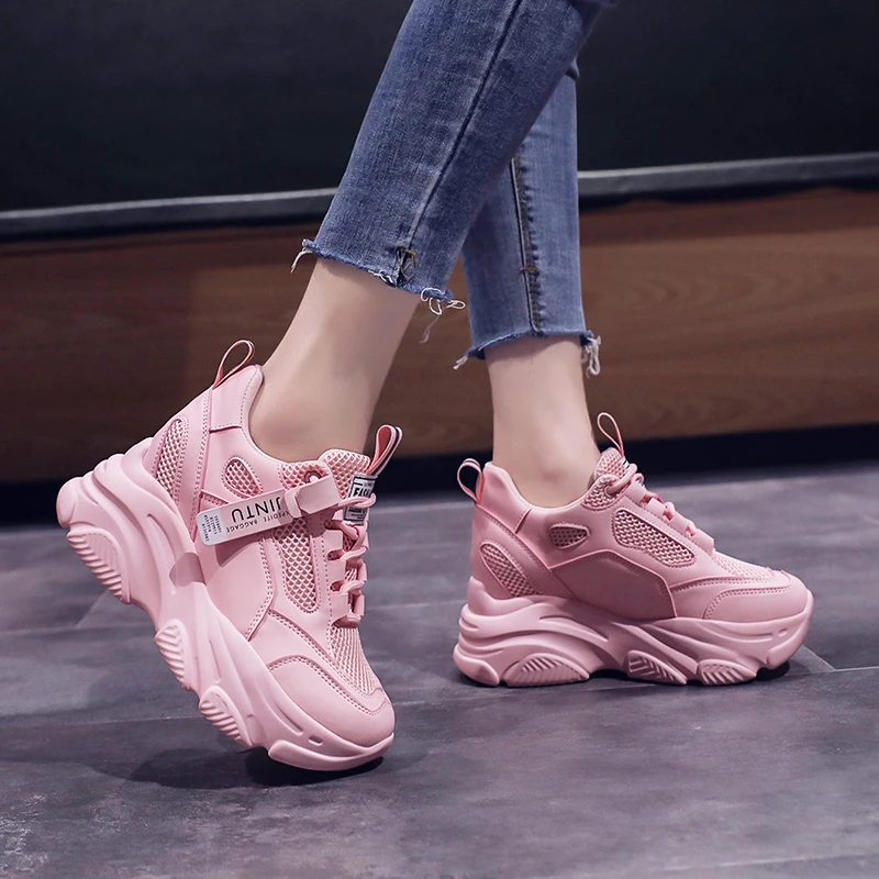 Brand 2022 Spring Breathable Mesh Sneakers Hidden Increasing Sport Shoes Woman Wedge Casual Chunky Shoes High Platform Shoes 9CM 4