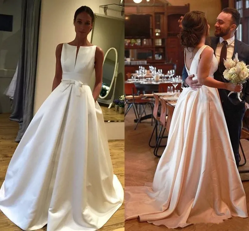 

High Quality Satin Wedding Dress with Bow Sweep Train Backless African Bridal Gowns Custom Made Sleeveless Wedding Guest Wears