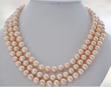 

free shipping Natural AA 17-19 " 3row 8-9mm natural white round freshwater pearl necklace