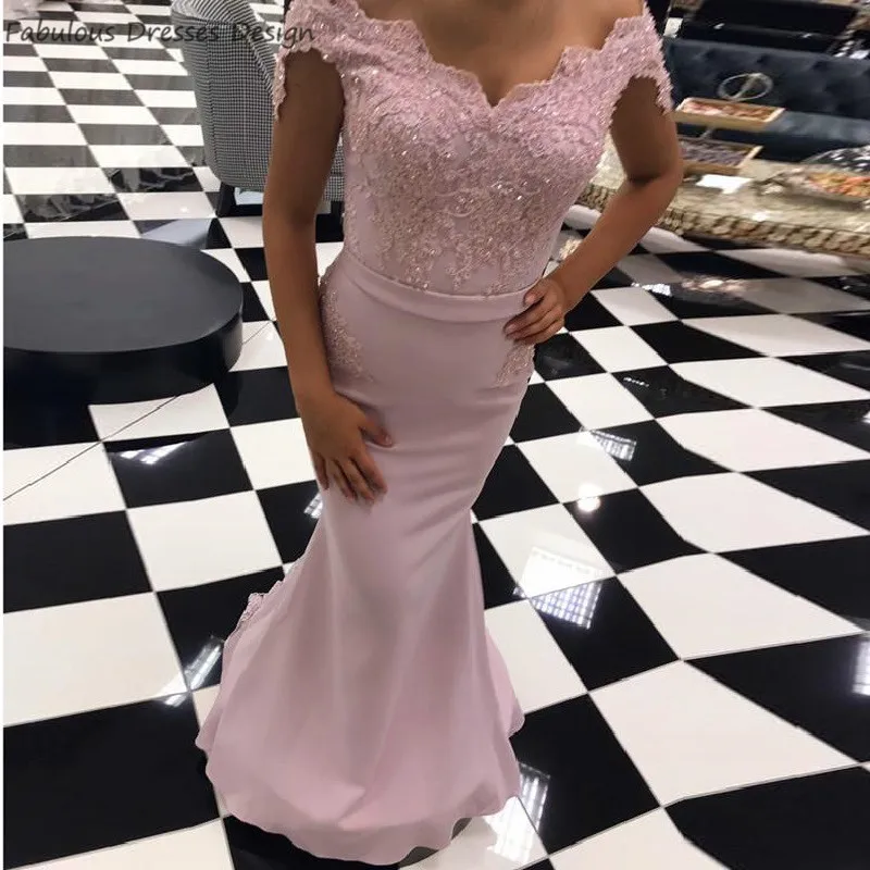 

2020 Pink Mermaid Long Prom Dresses Exquisite Crystal Applique Lace Sweep Train Vestido De Festa Evening Dress Party For Women