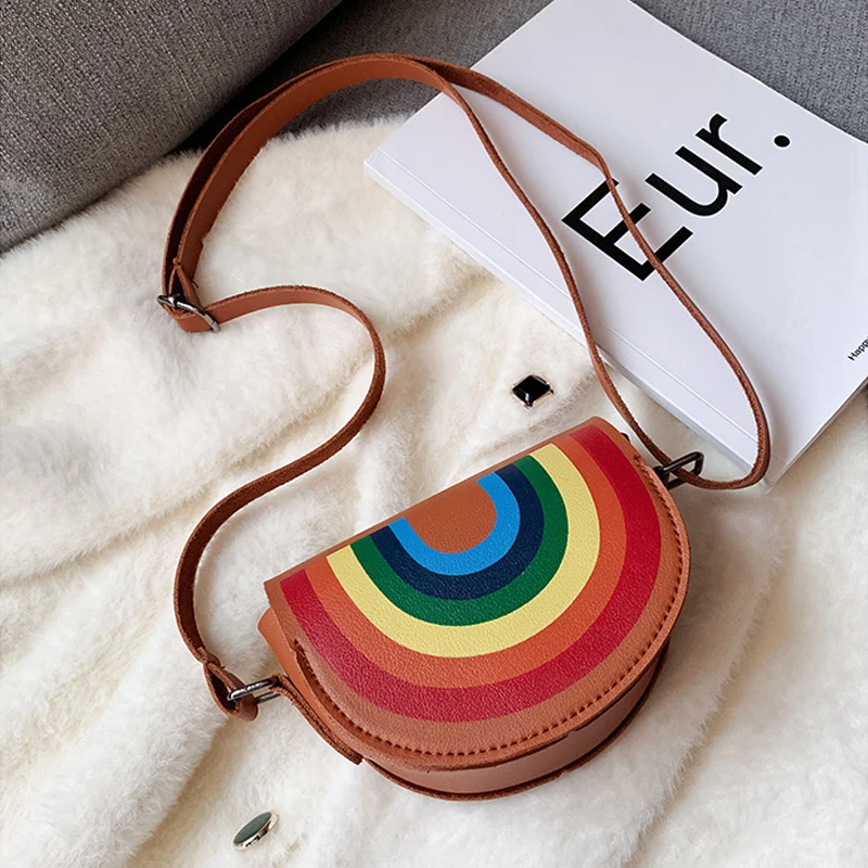 Mini bolso cruzado de cuero PU con dibujos de arcoíris para niños, monedero con flores, accesorios de regalo para niños y niñas