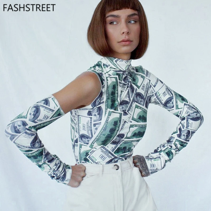 

FASHSTREET Hot Sale Graphic Printing Mock Neck T Shirt Women 2020 Long Sleeve Soft Girl Aesthetic Clothes Party Club Streetwear