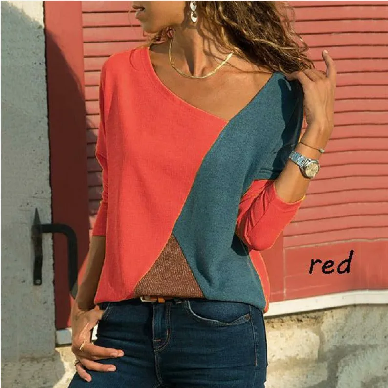 

Autumn Women T Shirts Splicing Color Tshirt Collision Long Sleeves Fit Loose Irregular Plus Size Easy Tops Ropa Mujer Clothes