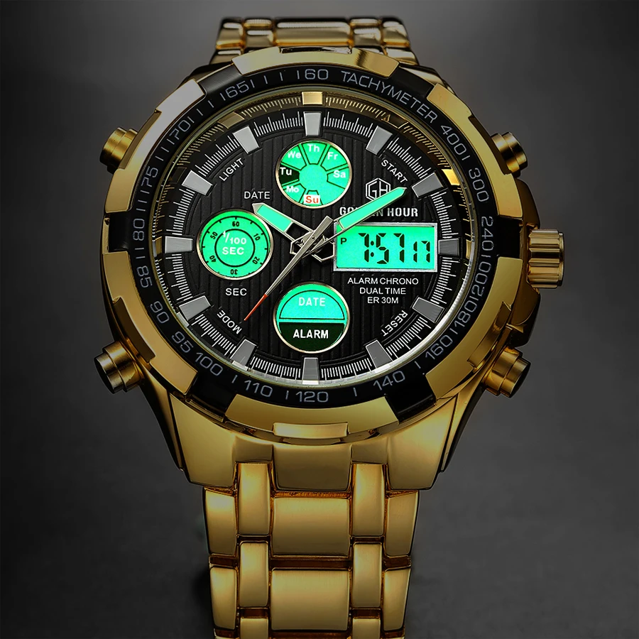GOLDENHOUR Orologio sportivo da uomo al quarzo digitale analogico da uomo Orologio da polso in acciaio pieno_voghion.com