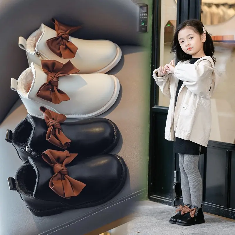 

Girls Ankel Boots 2020 Korean Winter Kids Felt Warm Elegant Princess Plush Bowtie Equestrians Pu Boots Shoes Girl Children Shoe
