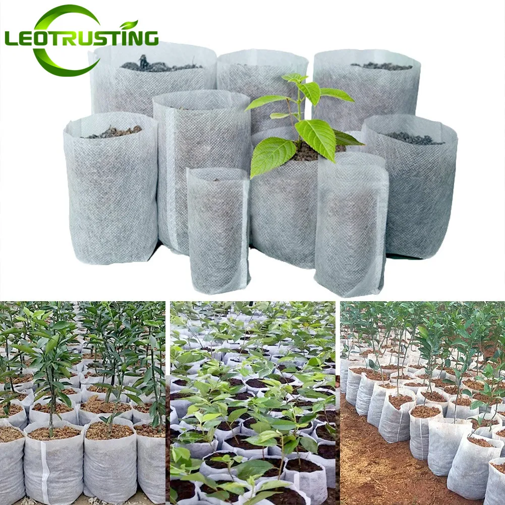 100pcs Biodegradable Nonwoven Fabric Nursery Plant Grow Bags Seedling Growing 