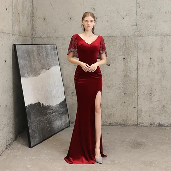

Sexy Backless Fashion Dress 2020 New V-neck Lotus Leaf Chiffon Short Sleeve Elegantl Velvet Dresses