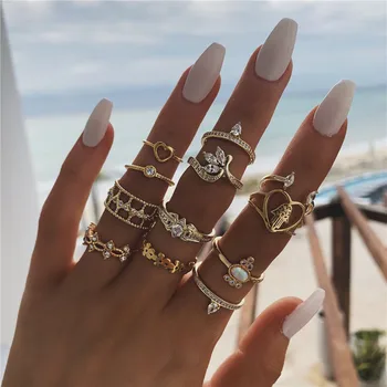 

VAGZEB 12 Pcs/Set Bohemian Gold Crystal Geometric Leaf Heart Flower Ring Set Women Charm Joint Rings Party Wedding Jewelry