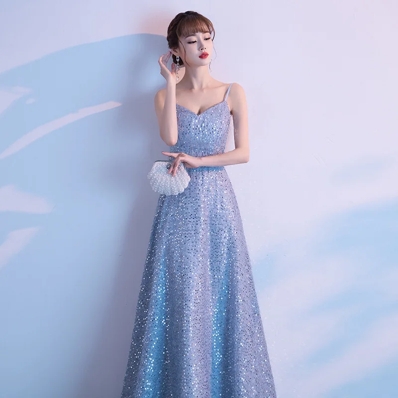 Robe De Soiree Новые Сексуальные вечерние платья с v-образным вырезом на бретельках с блестками Длинные свадебные вечерние платья ES3092