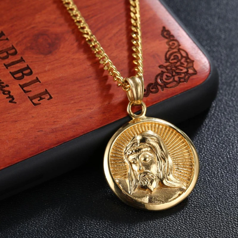 Мужской круглый кулон в виде головы Иисуса из монет религиозный амулет