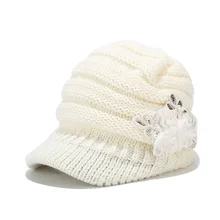 Эластичная вязаная кепка Newsboy, женские зимние шапки с козырьком, с цветком, белый, красный, серый, черный