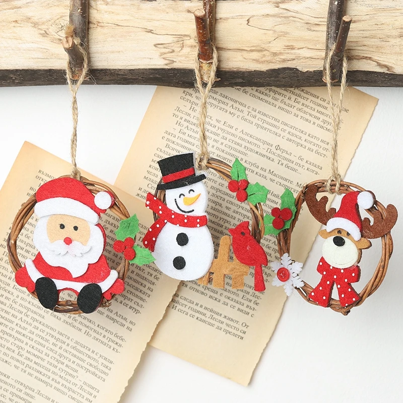 Christmas Decoration Creative Santa Claus Snowman Deer Elk Wooden Rattan Ring Garland Pendants DIY Wood Crafts Navidad Tree Deco