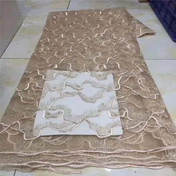 

African Lace Fabric 2019 Champagne High quality beads with Embroidery Nigerian Lace Fabric For Women French Mesh Lace Fabric