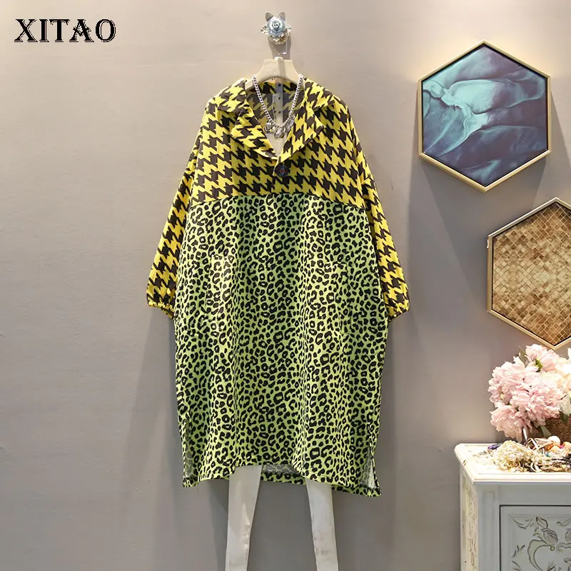 XITAO Tide Patchwork Plaid Leopard Dress Women Clothes 2019 Fashion Split Vintage Turn Down Collar Autumn New GCC1664 | Женская одежда