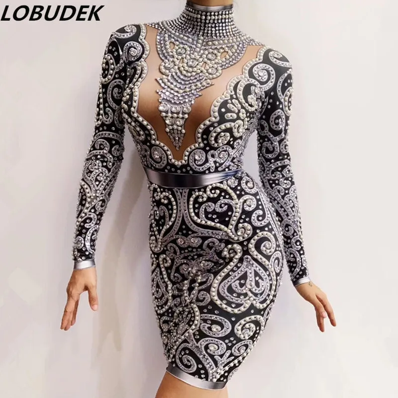 

Sparkly Rhinestones Pearl Wrapped Hips Dress Women Birthday Prom Evening Party One Piece Dress Singer Dancer Host Stage Cosume