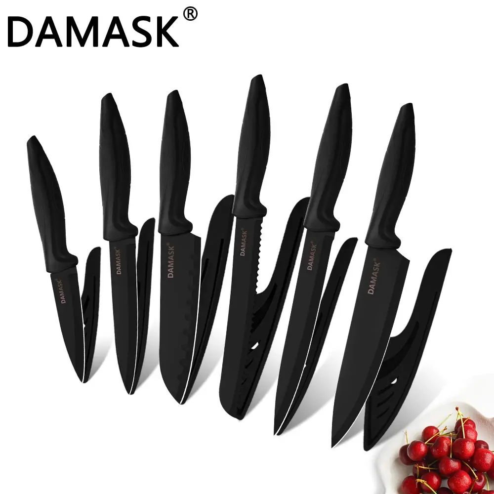 全黑色塑料尖尾柄黑钢刀6件套