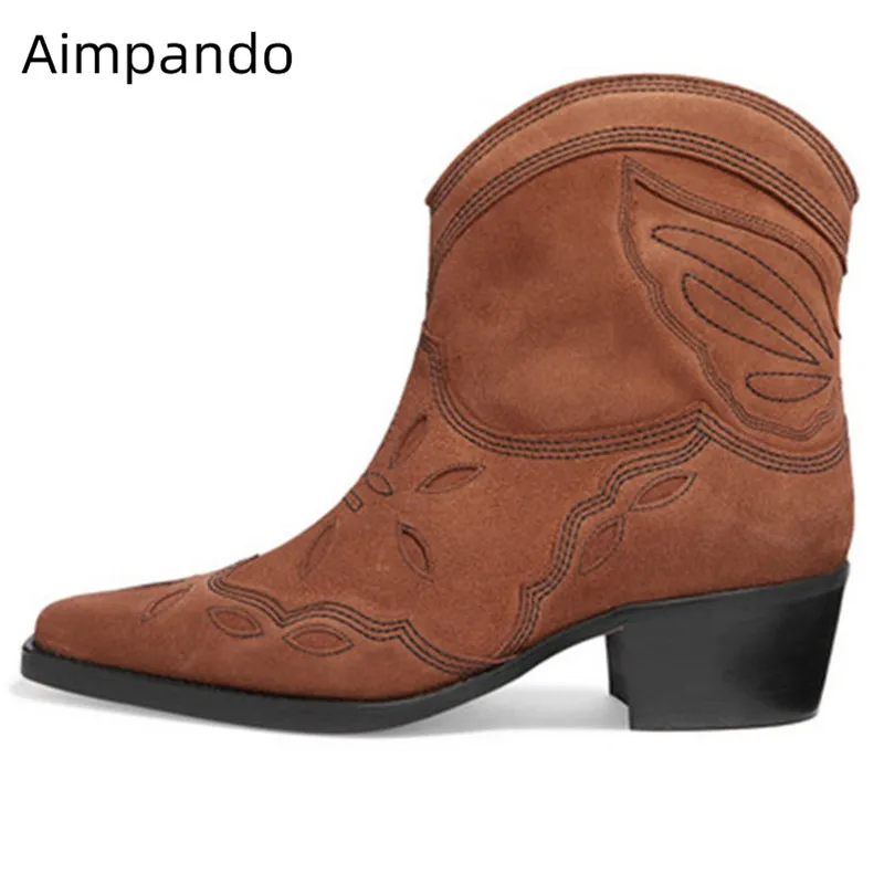 

Embroider-Butterfly Woman Boots Square Toe Slip On Ankle Knight Bottes Comfy Med Heel Party Botines 2020 Fall Winter Retro Botas
